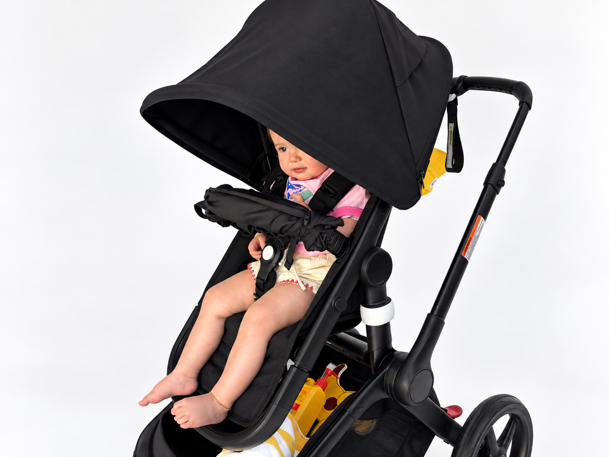 Toddler in a pram with the COVR Signature Shade gathered onto the bumper bar