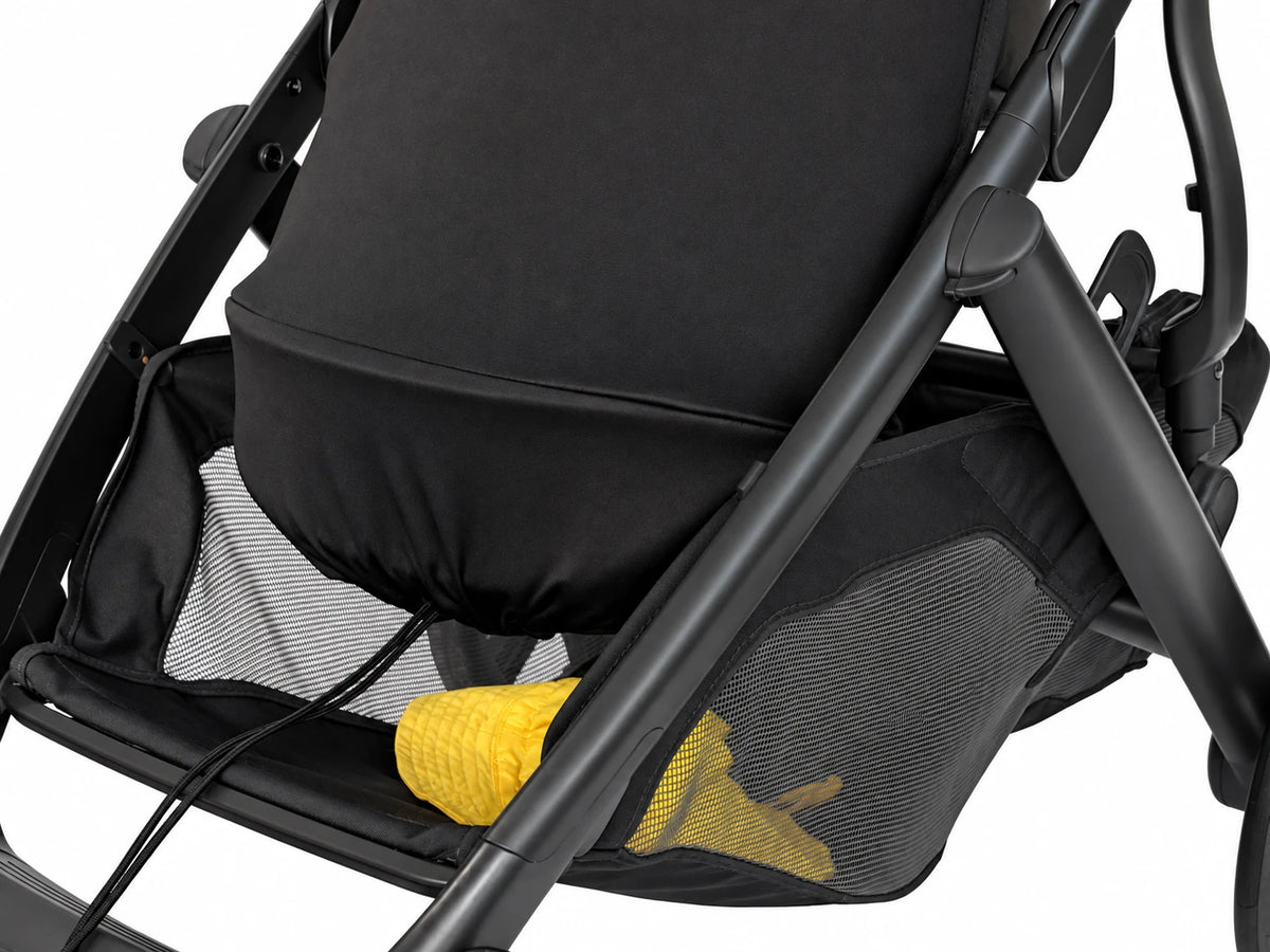 Close-up of the COVR Signature Shade's foot end gathered with a drawcord above the pram basket